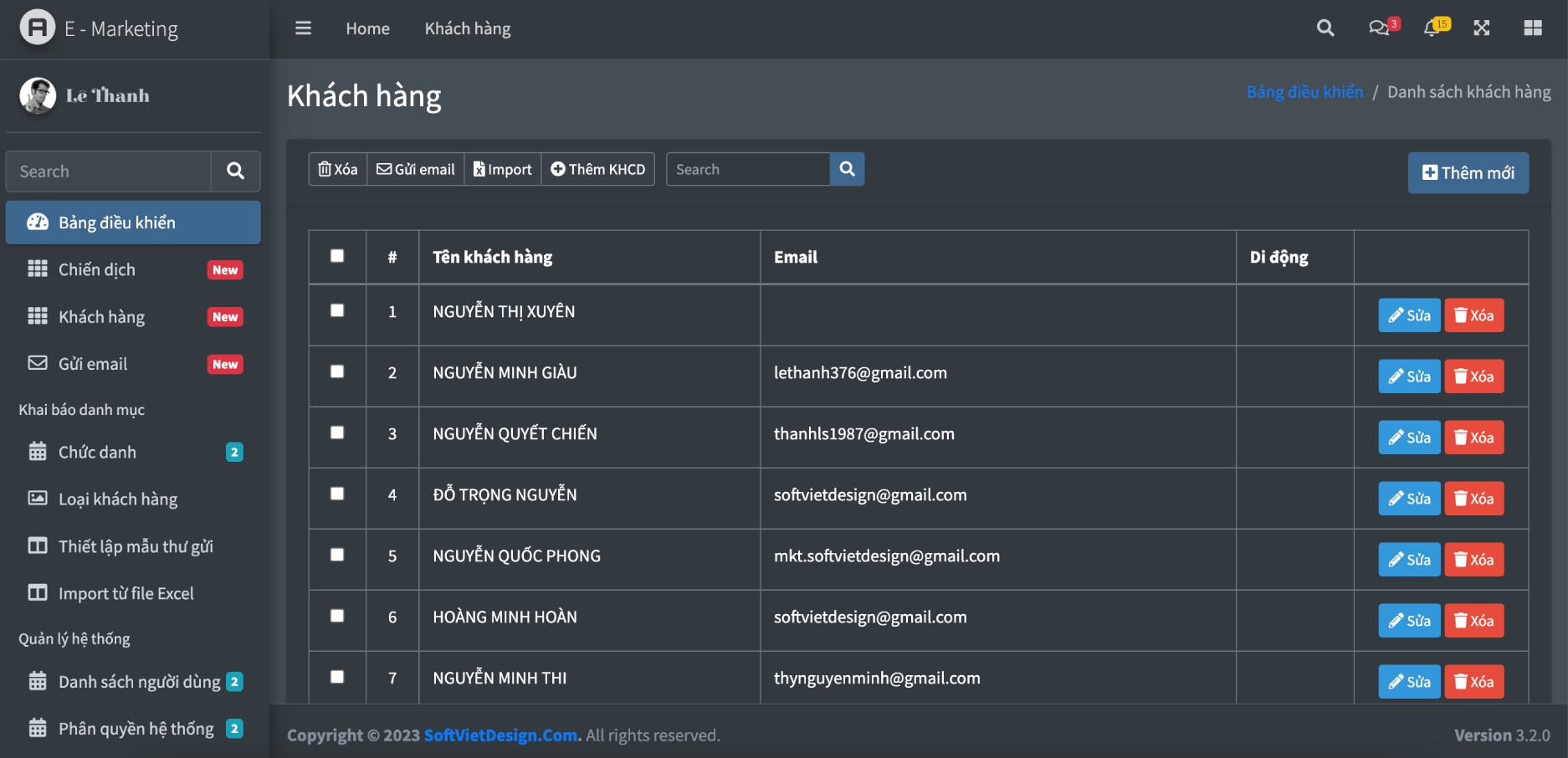 Giao diện quản lý khách hàng
