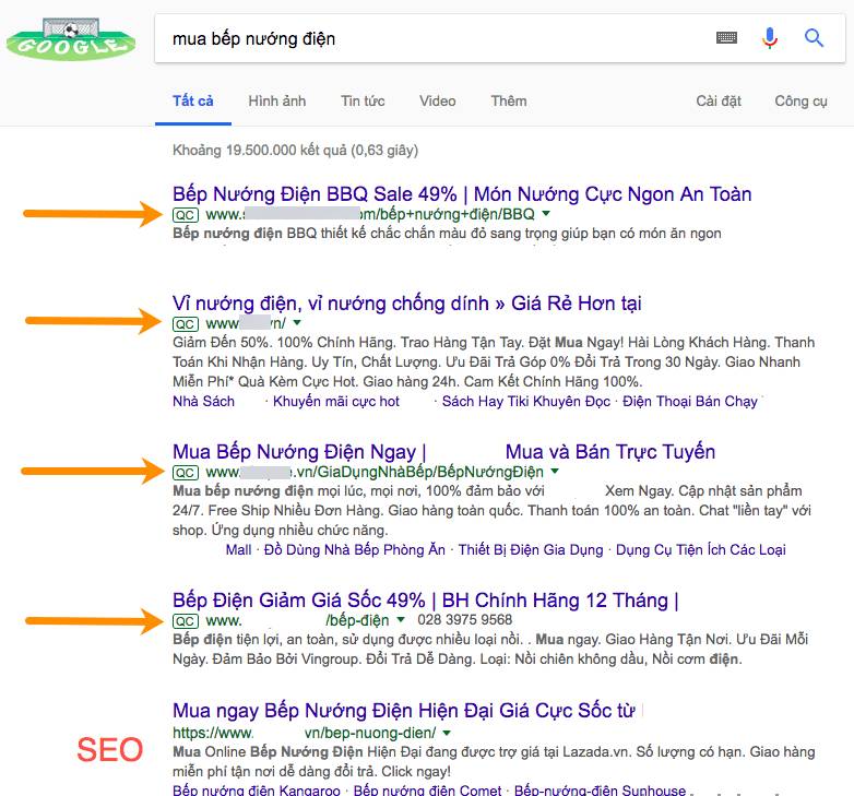 Vị trí xuất hiện Quảng cáo Google Adwords